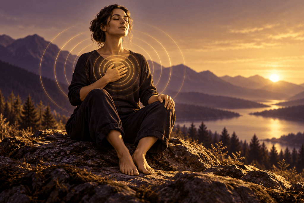 A seated person pausing for grounded breathing in a calm natural setting